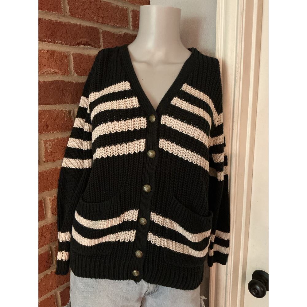 Black & Cream Striped Chunky Knit Cardigan Small Forever 21 Oversized Cozy Knit